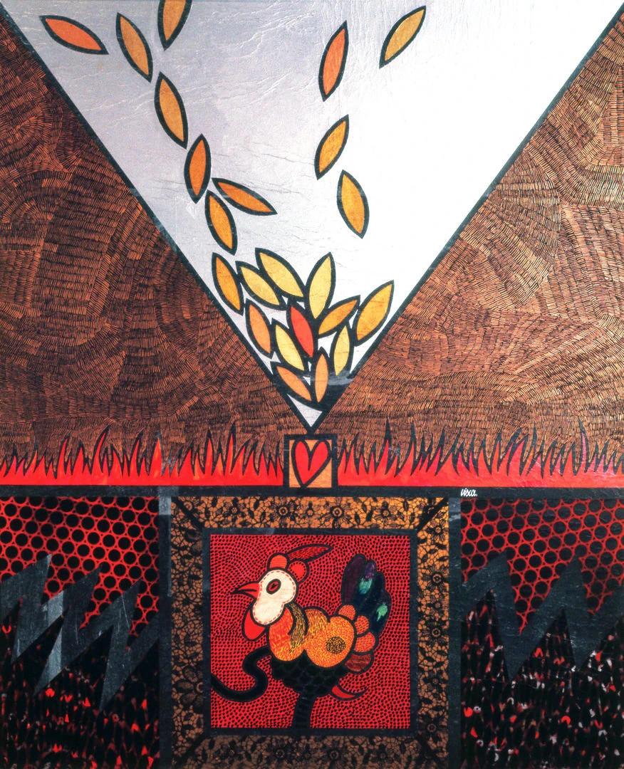 1972 22Foglie doro sul gallo con lo sperone rosso22 cm100x120 