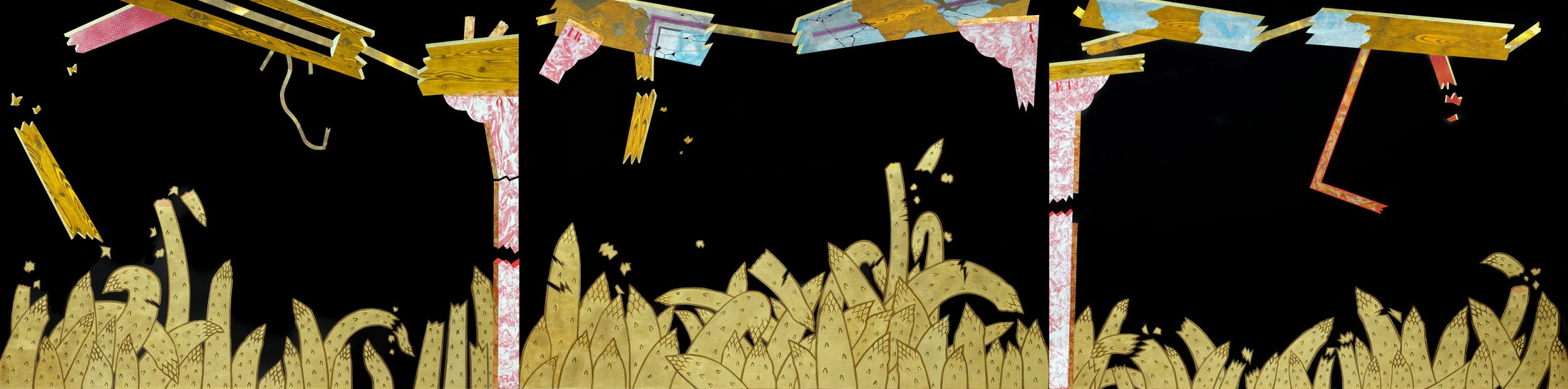 FRACTURE,2018 2021 Tempere acriliche e foglia d'oro su tela cm 120x480