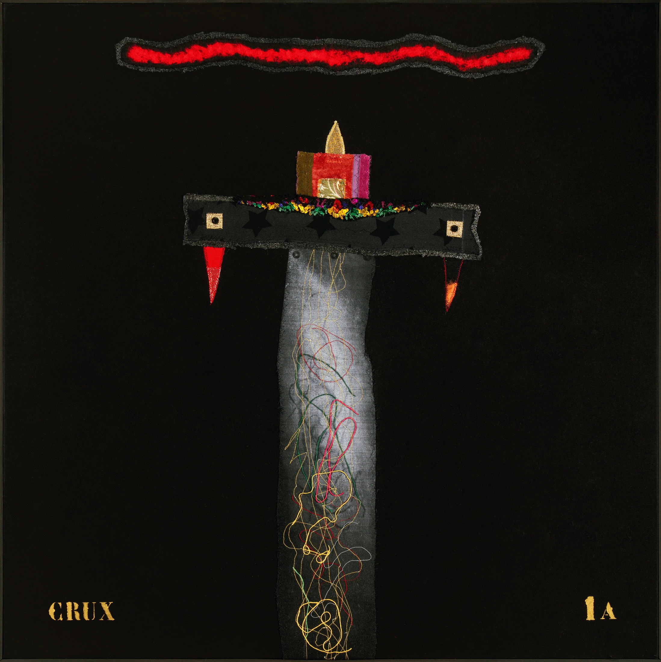  Crux 1A 2025 stoffe cucite, lana cardata, gesso di bologna, fili e vernici acriliche cm 100x100 copia