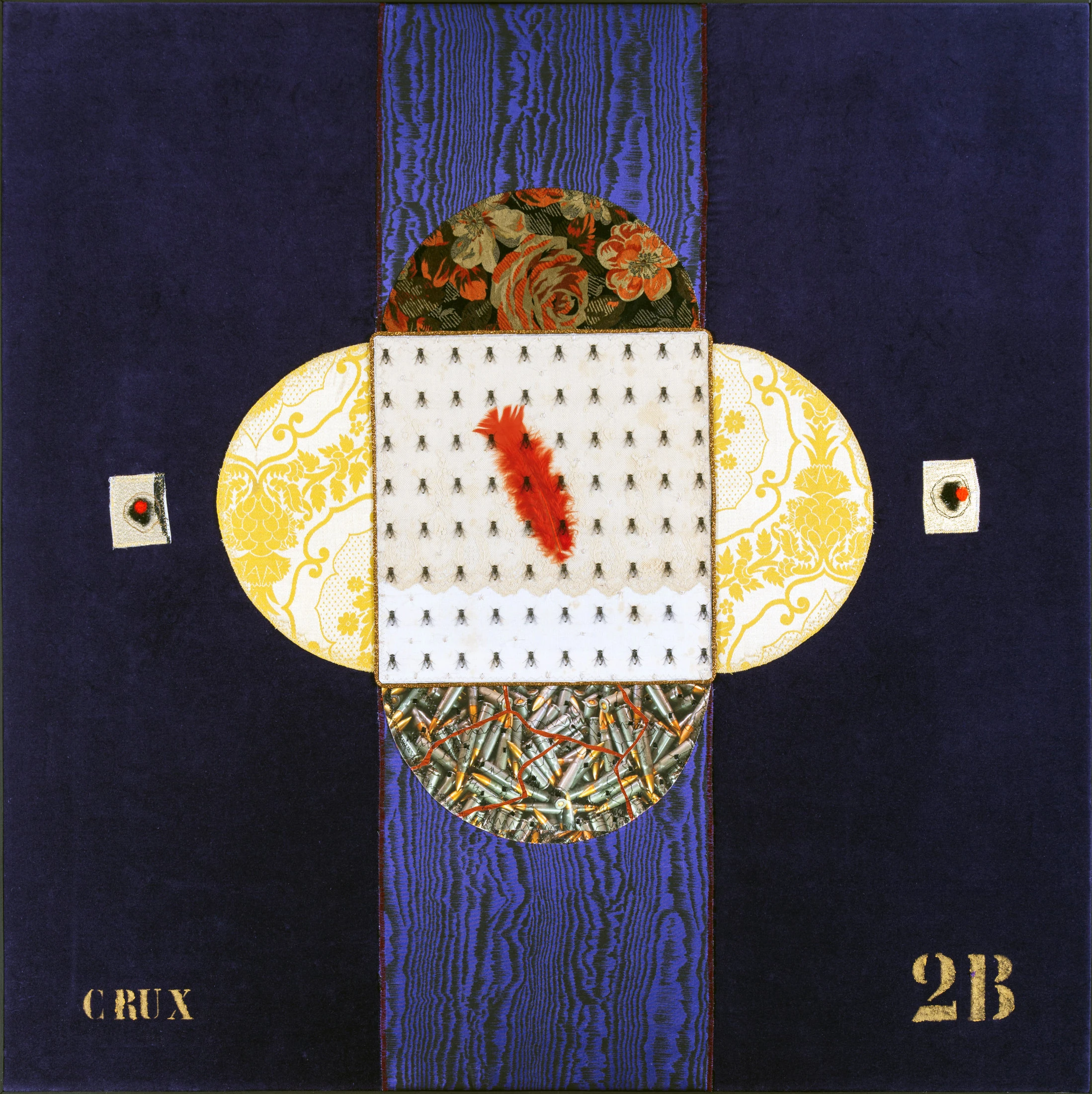  Crux 2B 2025 stoffe cucite, lana cardata, tela stampata, acetato stampato e vernici acriliche cm 100x100 copia 2